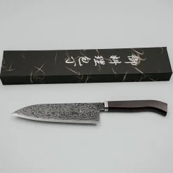 Hatsukokoro Ryuhyo Kurozome SG2 Damast Curved Ebony Santoku 17.5 cm