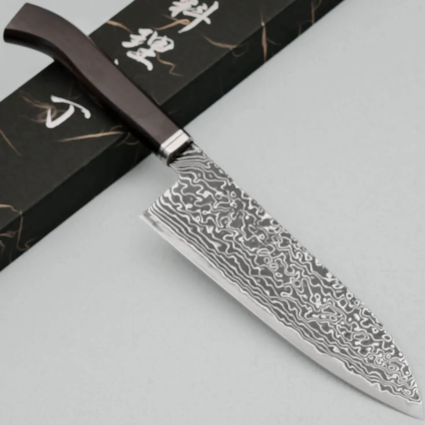 Hatsukokoro Ryuhyo Kurozome SG2 Damast Curved Ebony Santoku 17.5 cm