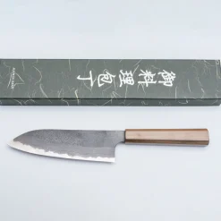 Hatsukokoro x Nigara Aogami 2 Nashiji Damast Bubinga Santoku 18 cm