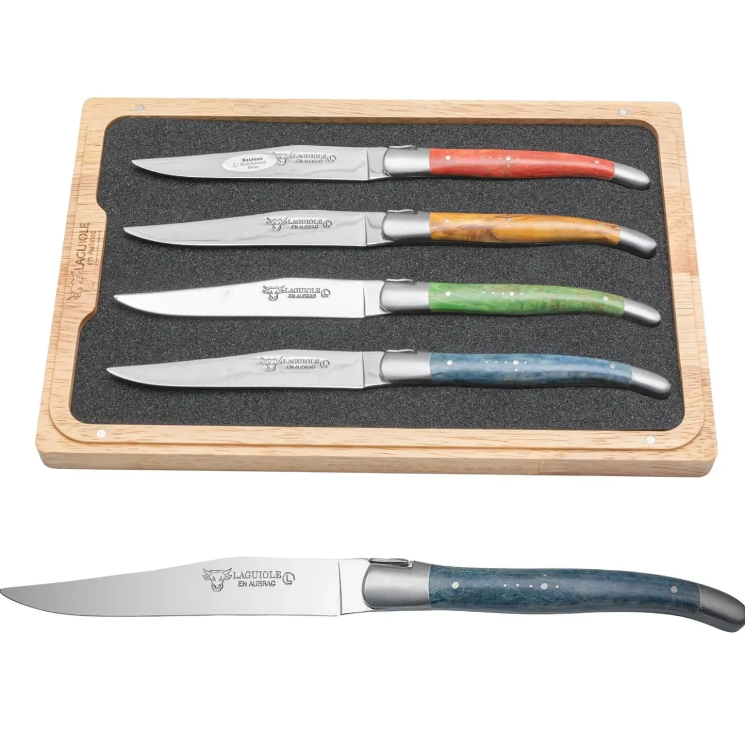 Laguiole en Aubrac Steakmessenset Gekleurd Berken 4 delig