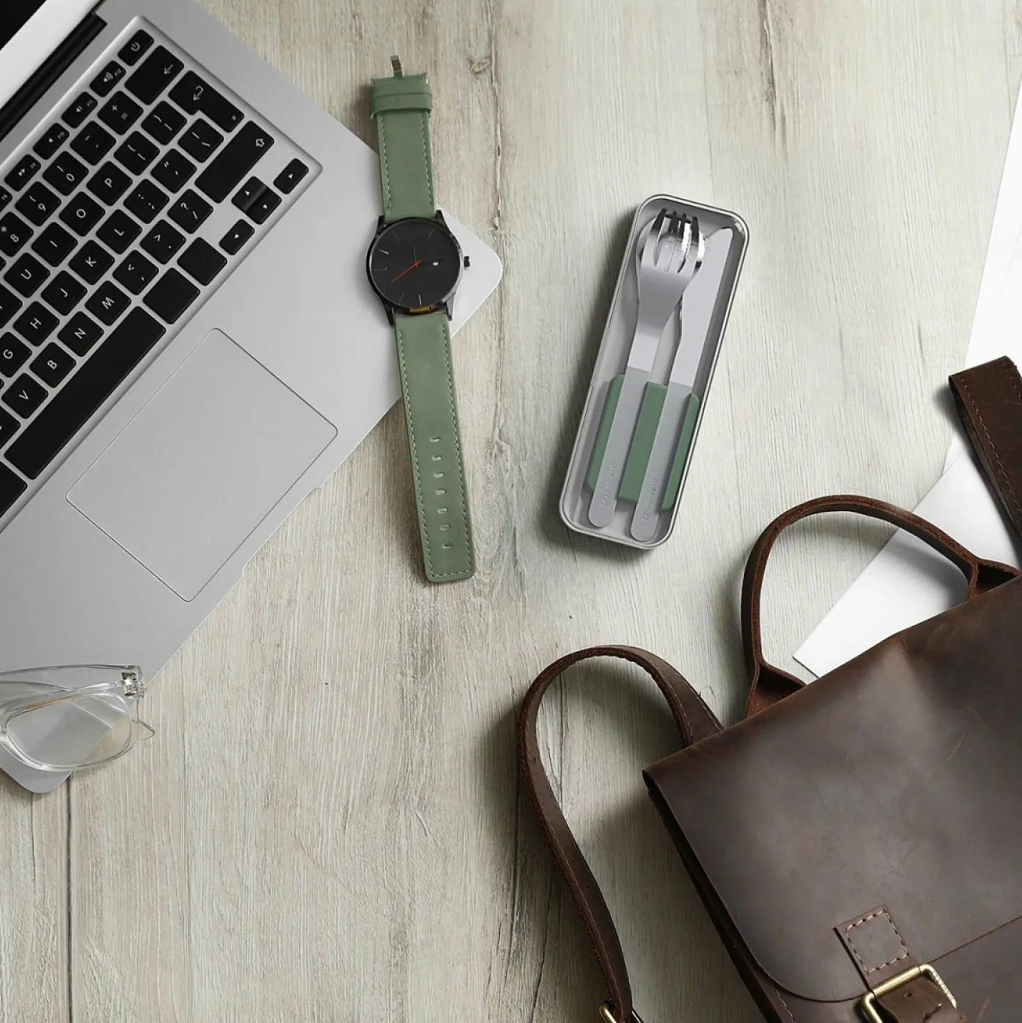 Monbento RVS Pocket Bestek Slim Box • Natural Green