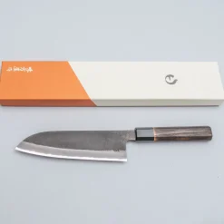 Mutsumi Hinoura Shirogami Kurouchi Nashiji Santoku 18 cm