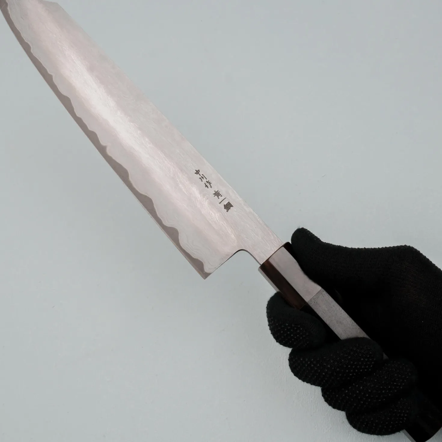 Nakagawa Satoshi Aogami Etched Damast Ebony Horn Kiritsuke 23 cm