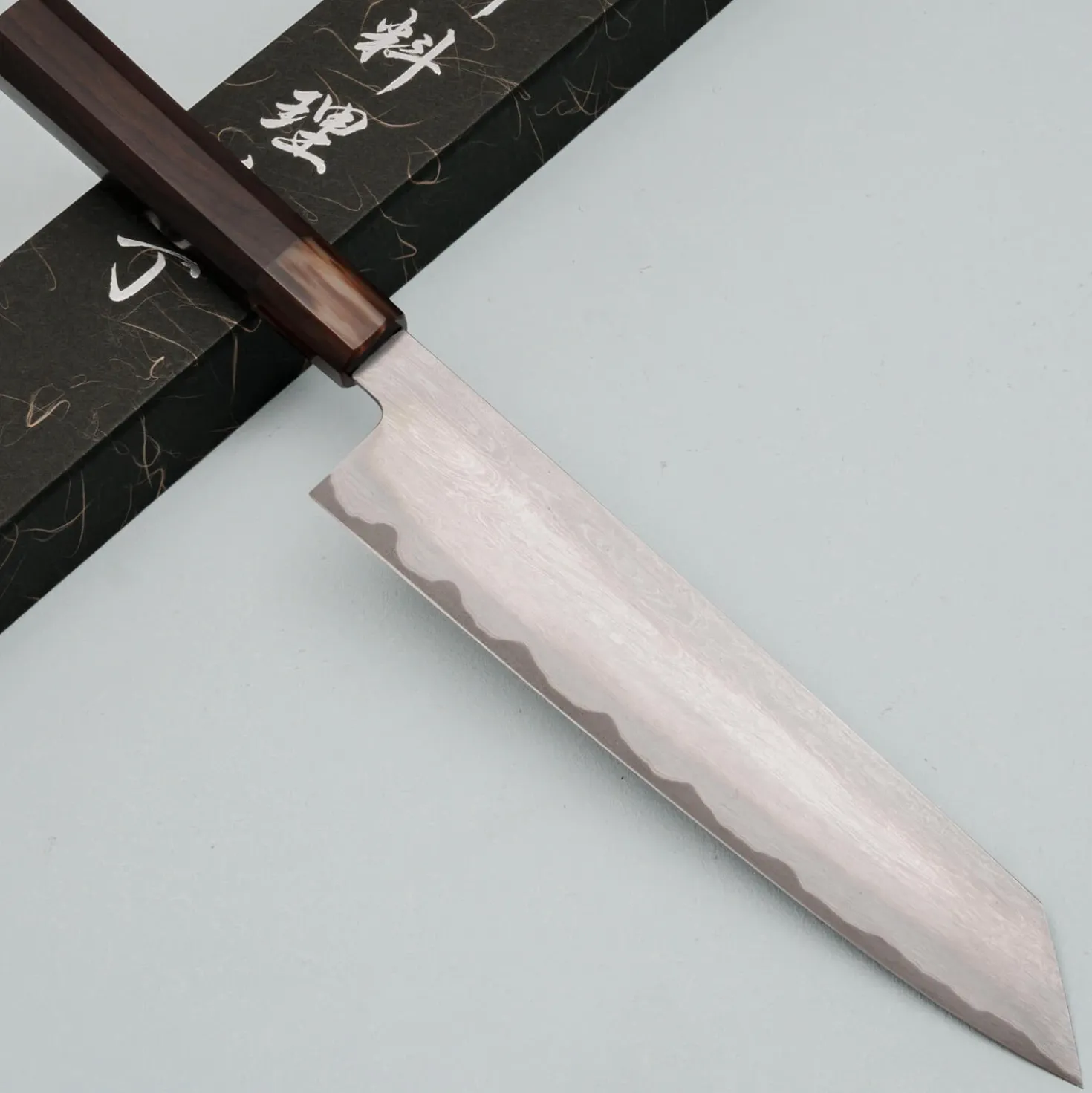 Nakagawa Satoshi Aogami Etched Damast Ebony Horn Kiritsuke 23 cm