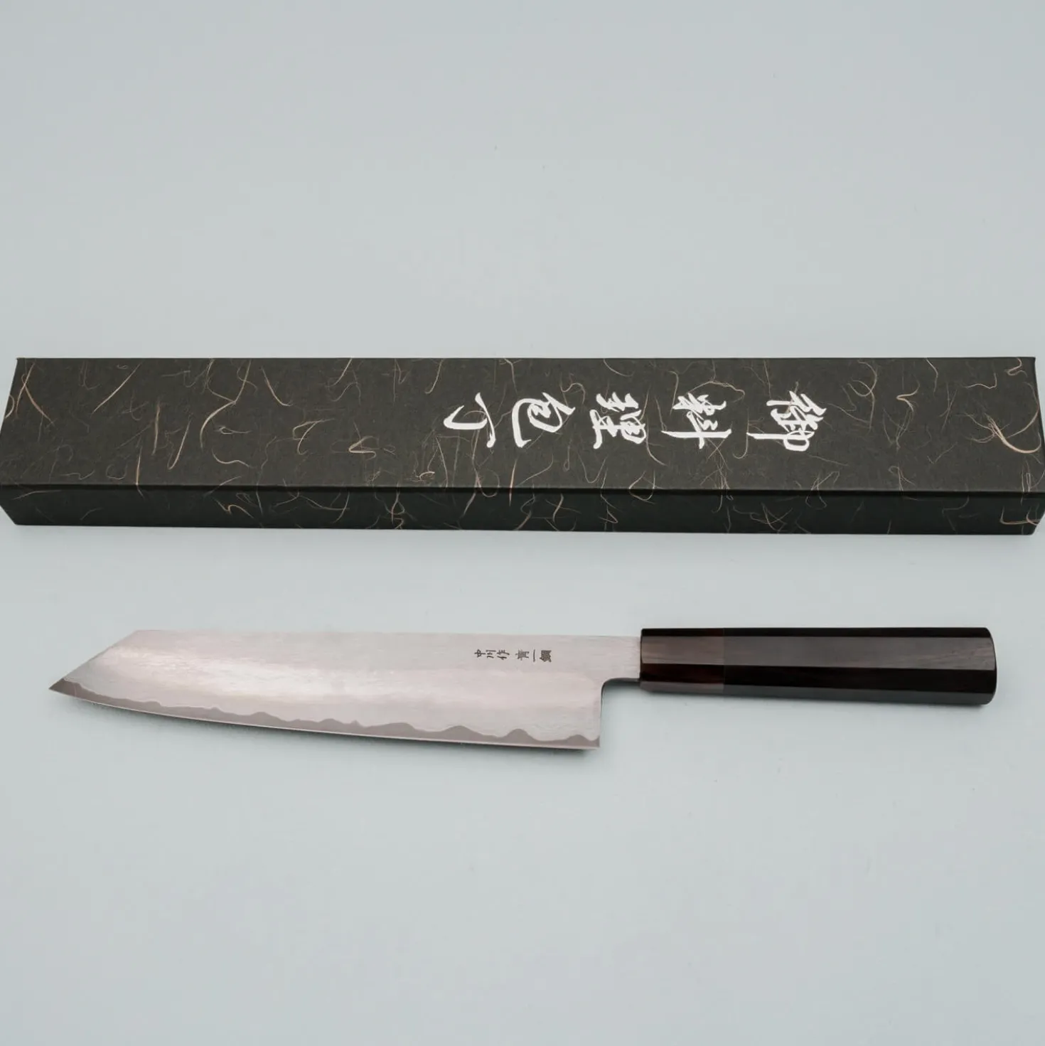 Nakagawa Satoshi Aogami Etched Damast Ebony Horn Kiritsuke 23 cm