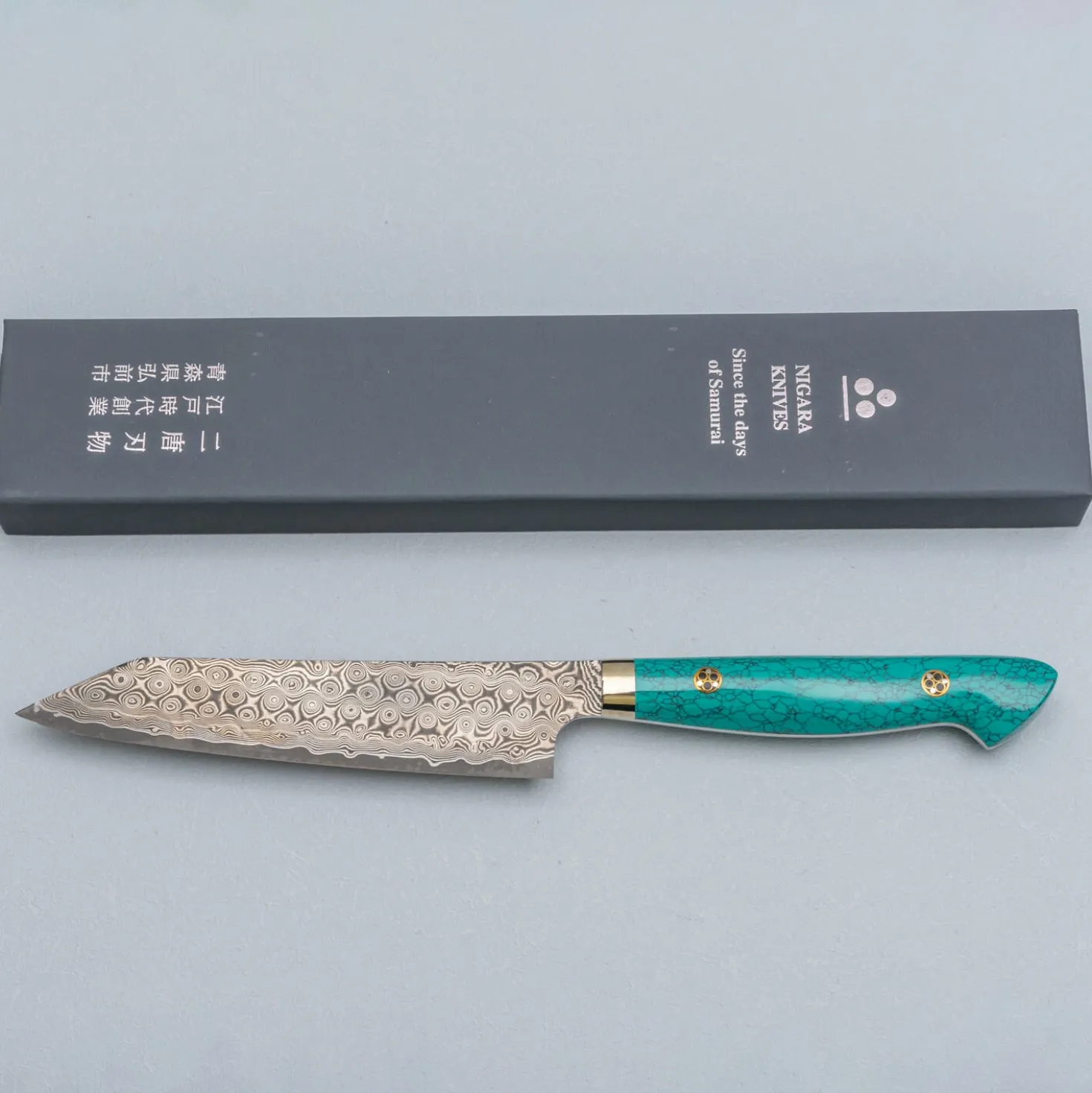 Nigara SG2 Damast Premium Turquoise Kiritsuke Petty 15 cm