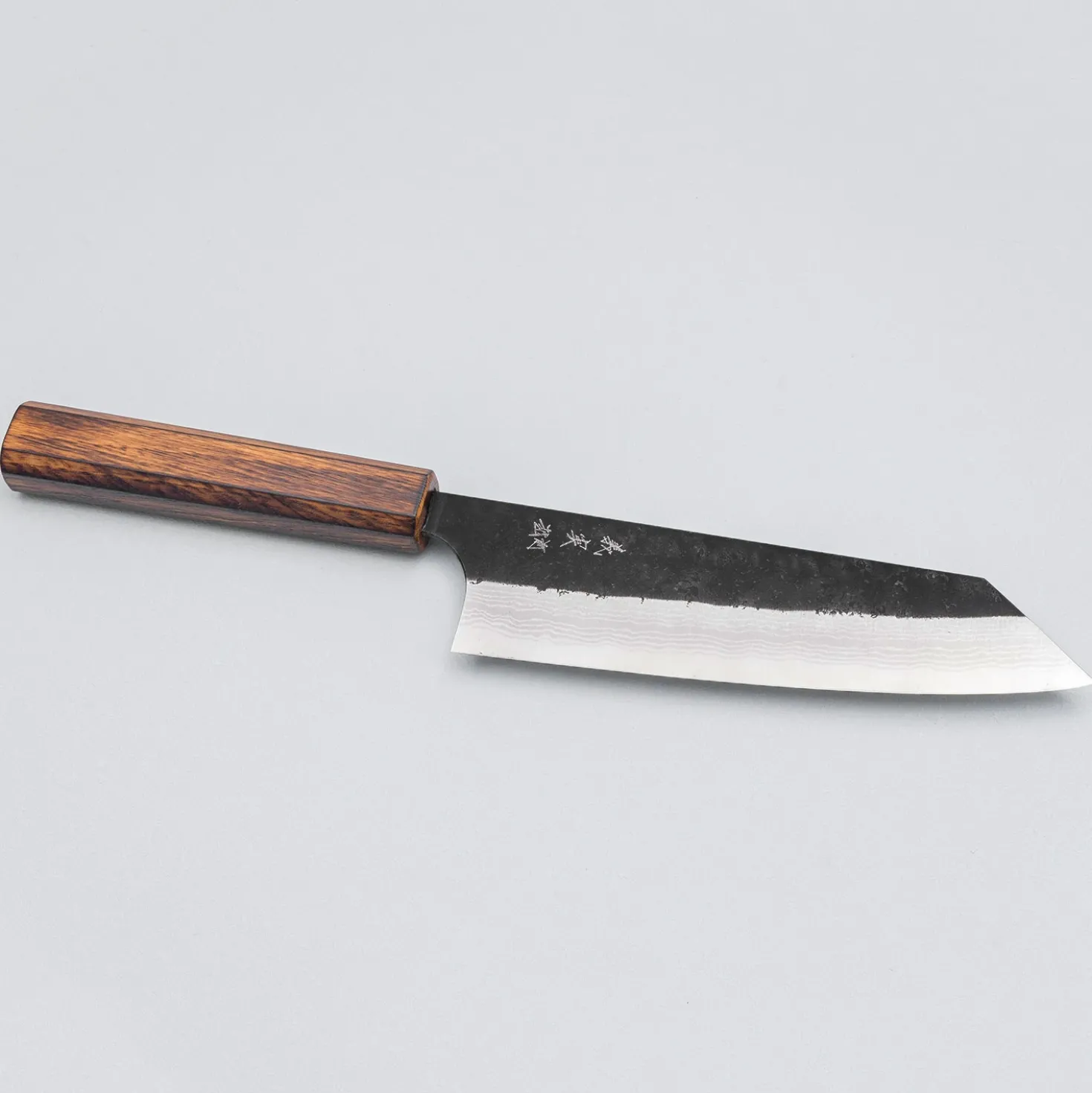 Yoshimi Kato Aogami Super Damast Iron Clad Kurouchi Oak Bunka 17 cm