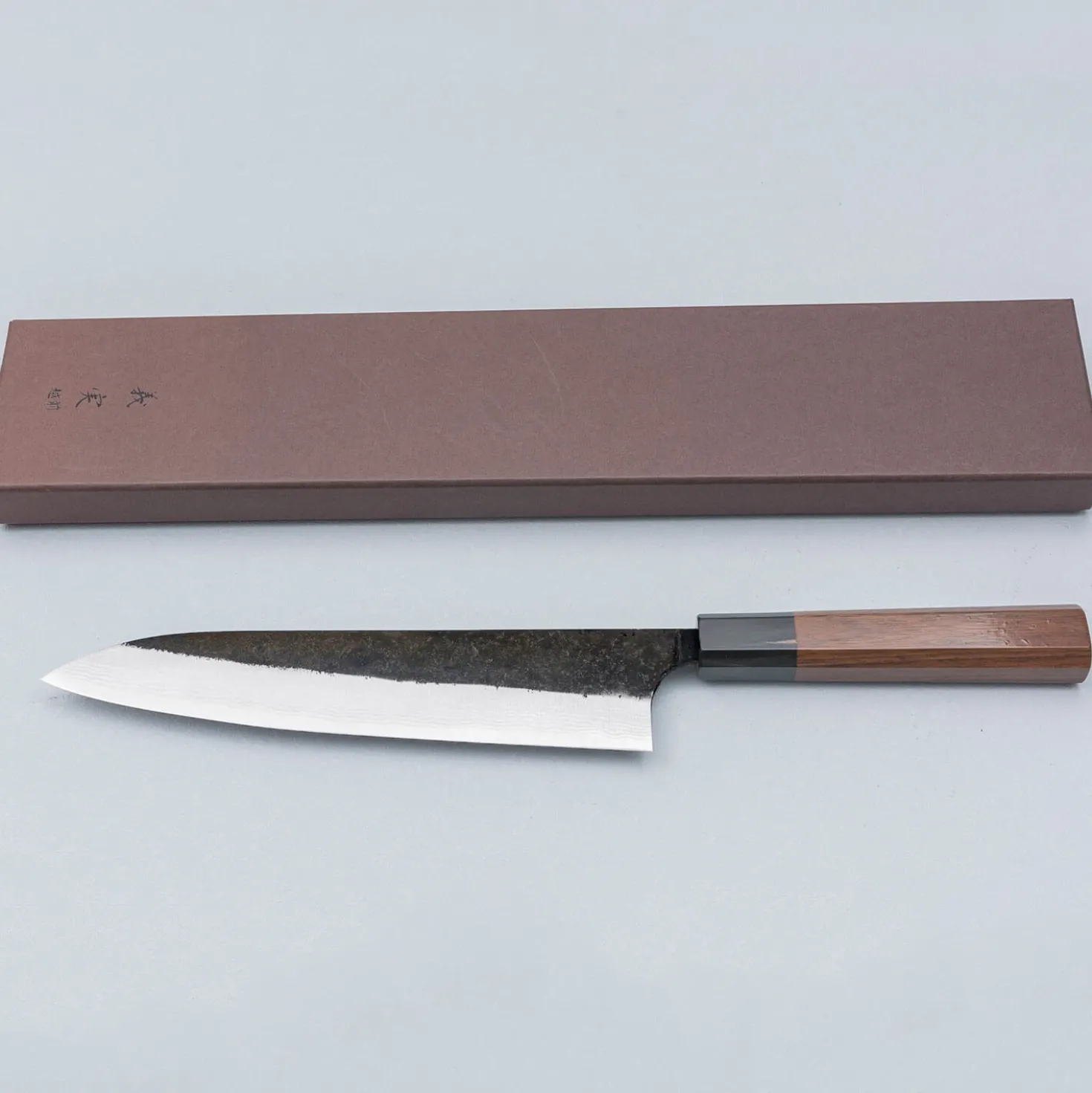 Yoshimi Kato Aogami Super Damast Iron Clad Kurouchi Gyuto 21 cm