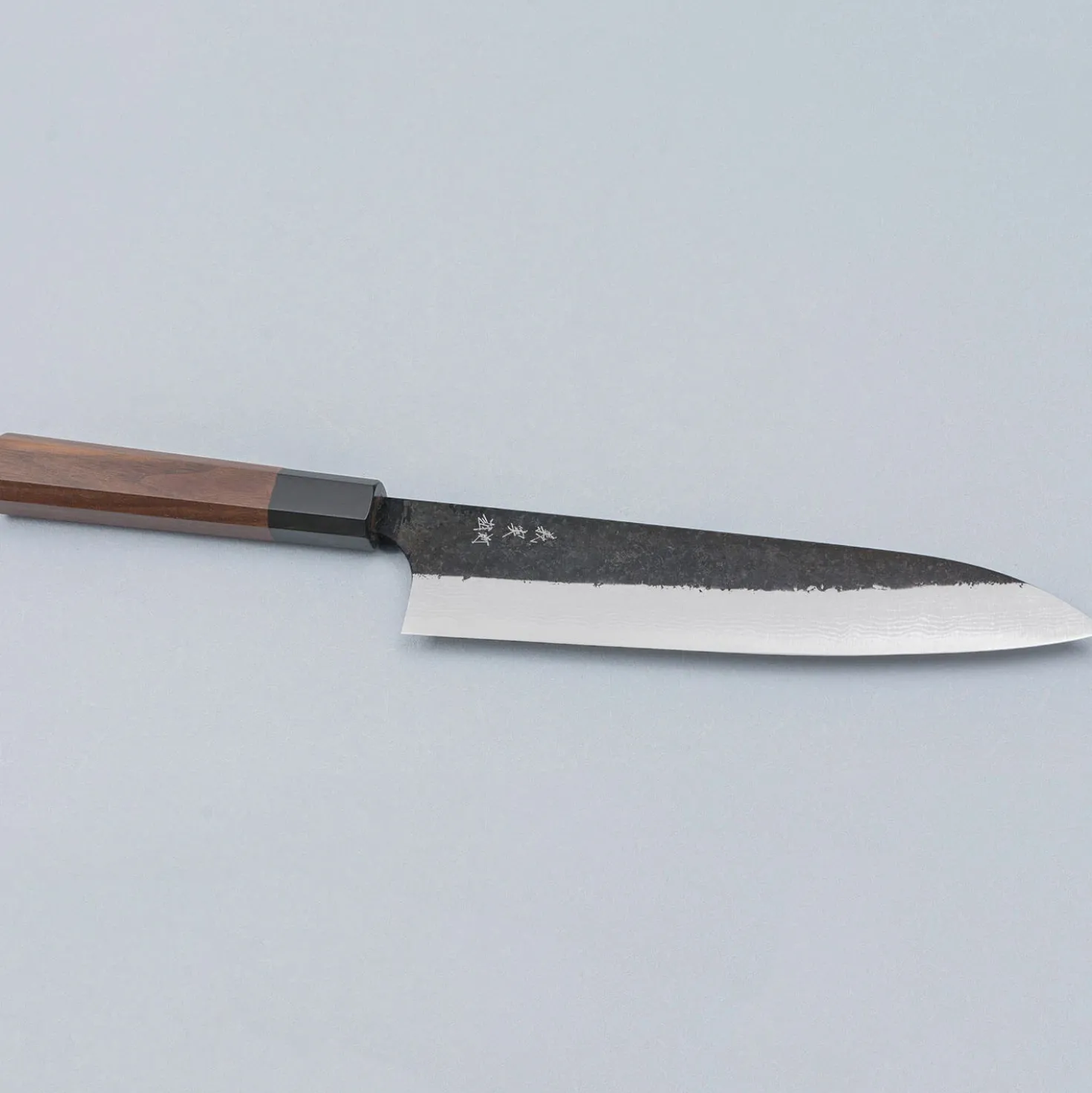 Yoshimi Kato Aogami Super Damast Iron Clad Kurouchi Gyuto 21 cm