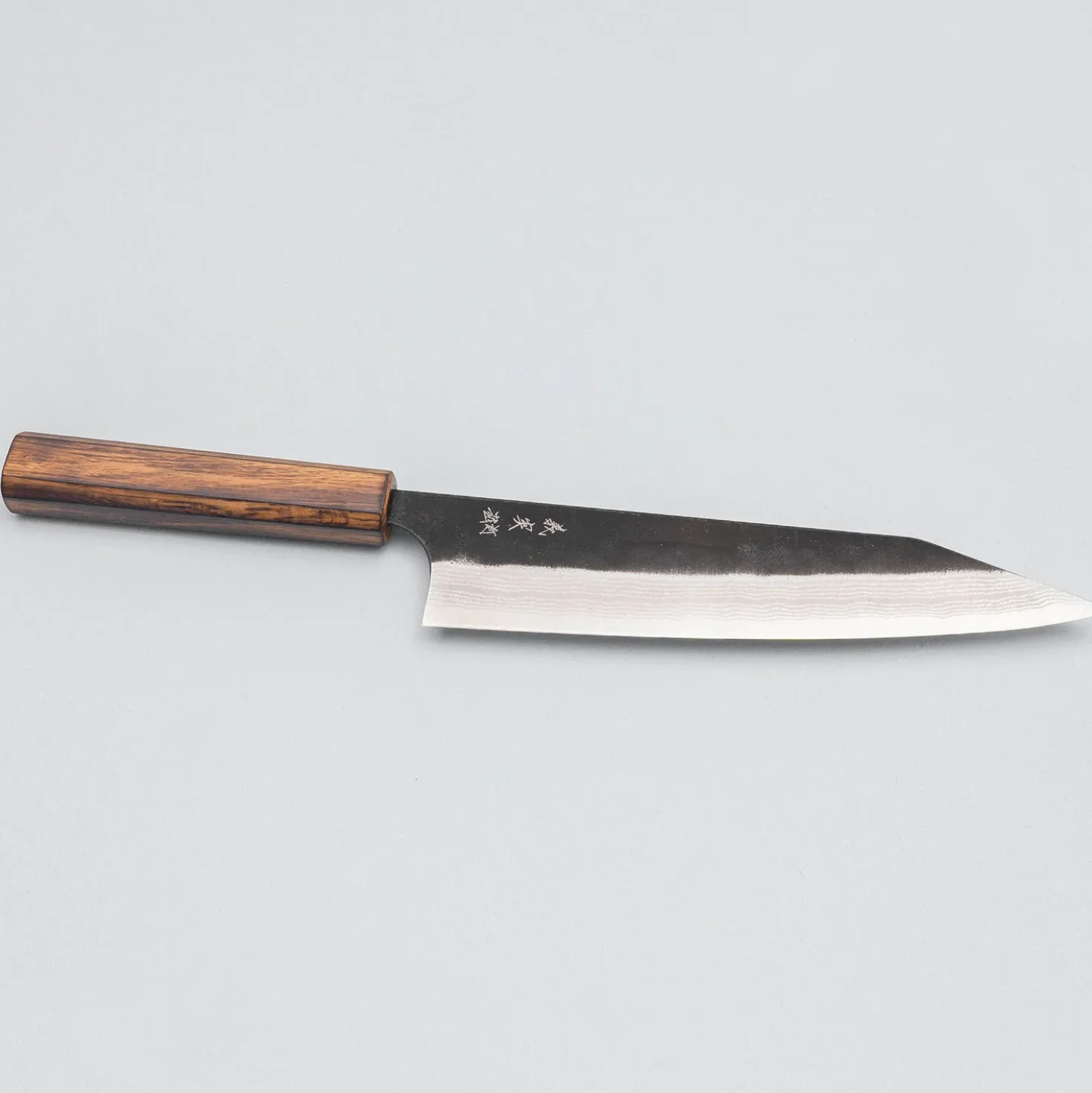 Yoshimi Kato Aogami Super Damast Iron Clad Kurouchi Oak Gyuto 21 cm